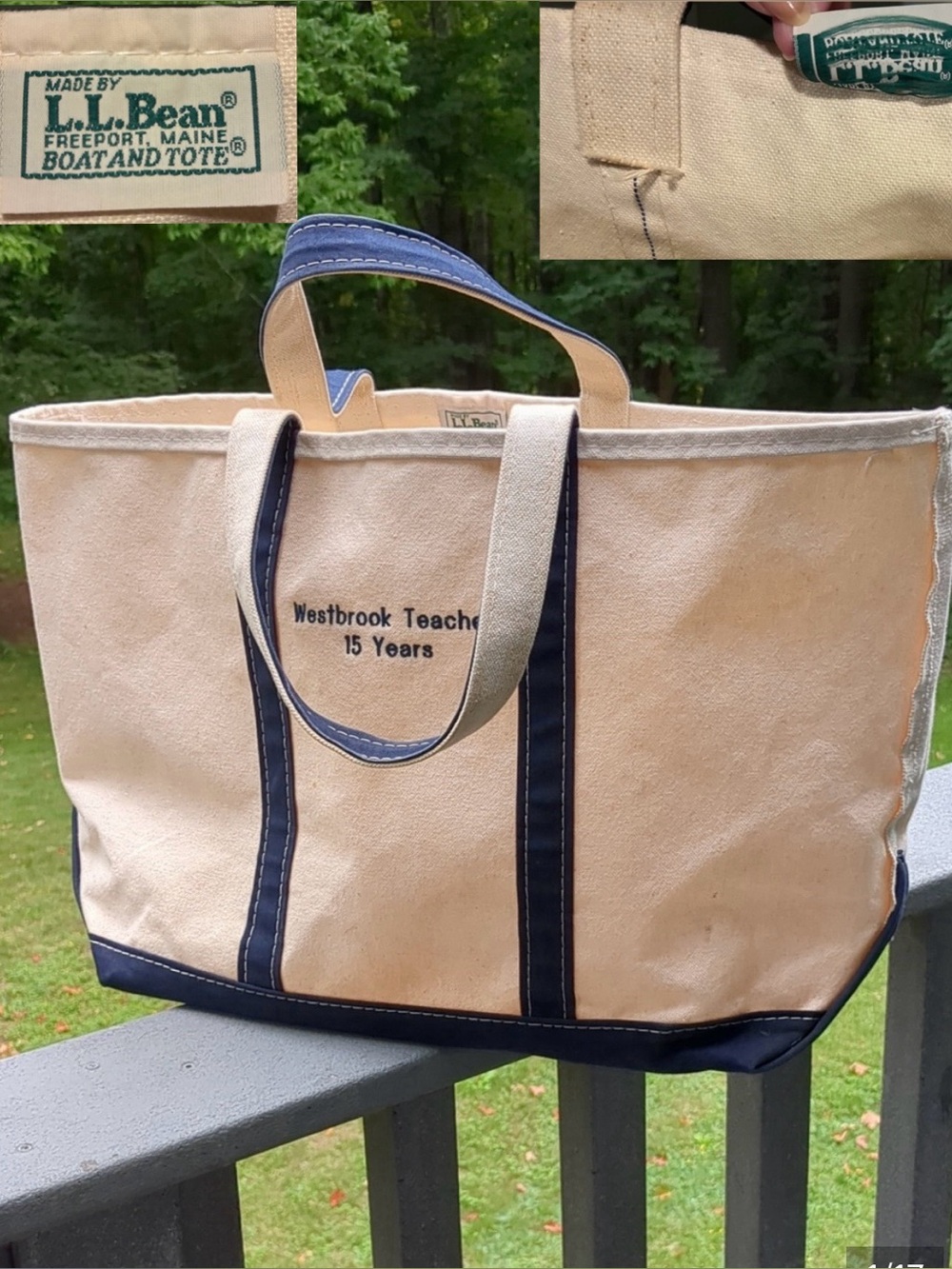 Vintage 80s LL Bean Boat and Tote Large Canvas Bag Navy Blue USA Made Zig Zag
